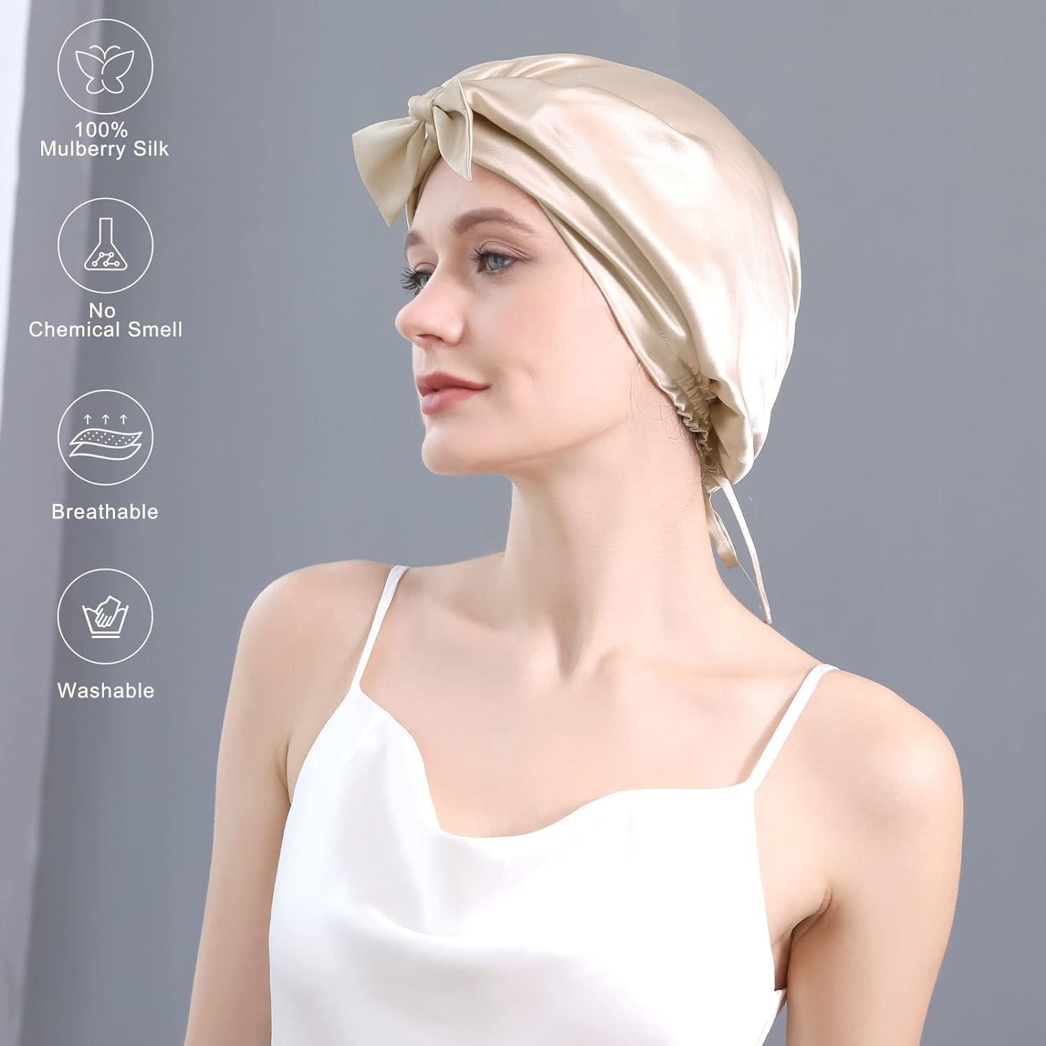 Champagne 22 Momme Double Layer Silk Bonnet, detail view