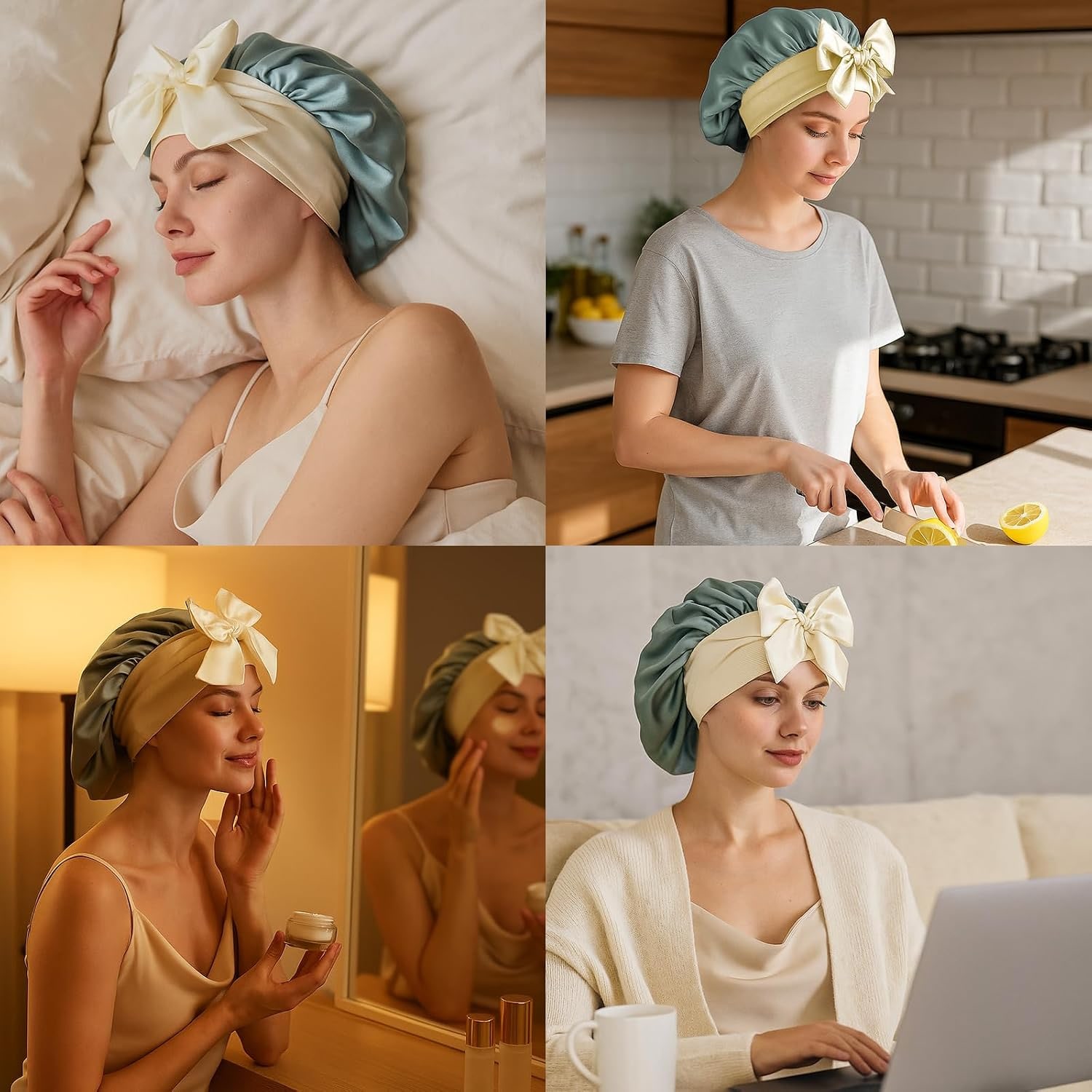 Green Double Layer Silk Bonnet with Ties: image 5