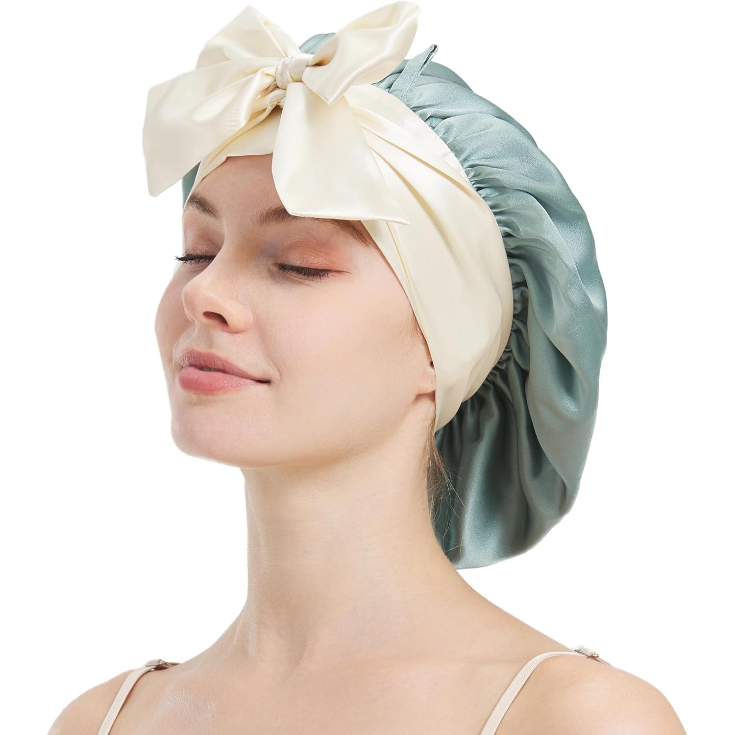 Green Double Layer Silk Bonnet with Ties