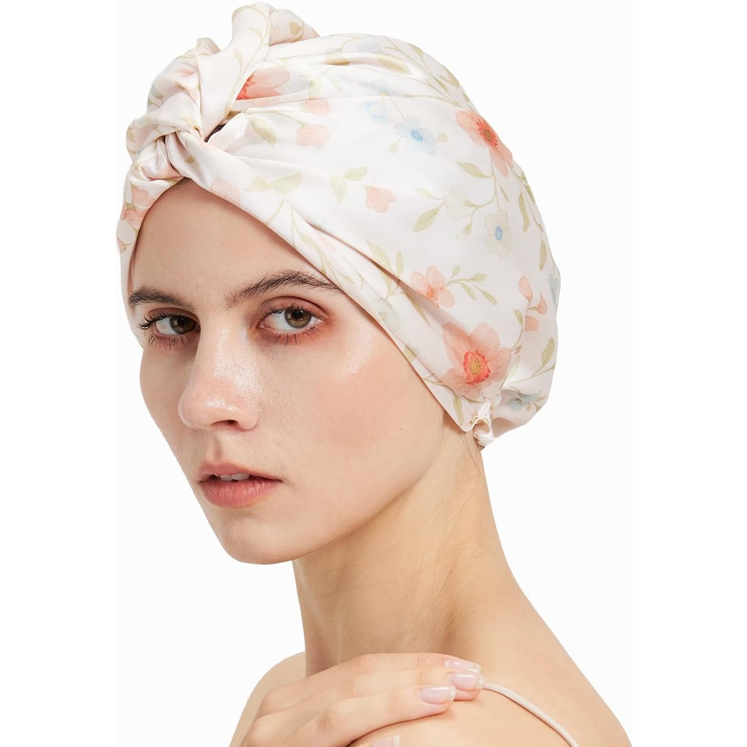 Pink Floral Double-Layer Mulberry Silk Bonnet