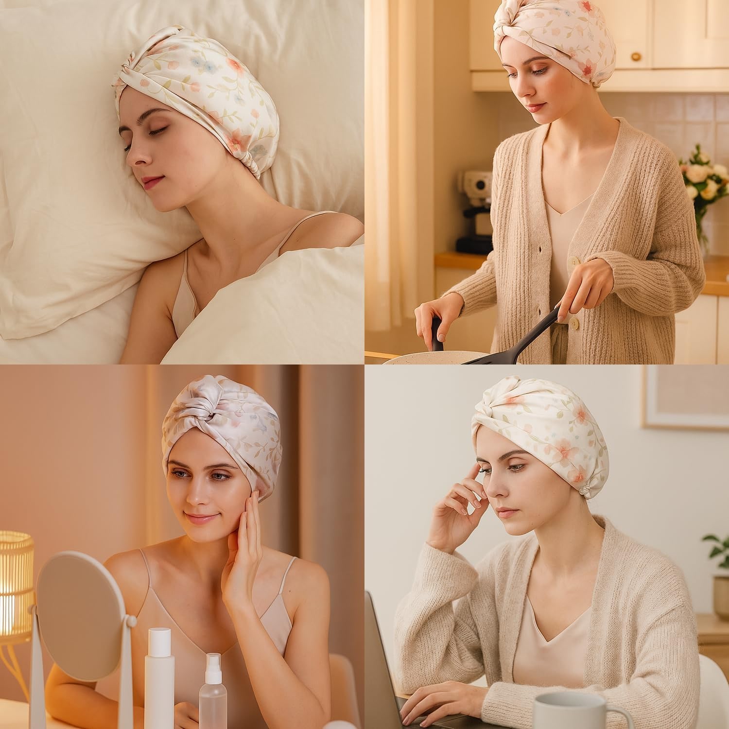 Pink Floral Double-Layer Mulberry Silk Bonnet: image 4