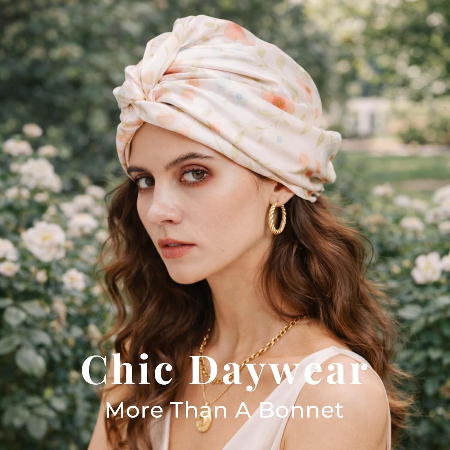 Pink Floral Double-Layer Mulberry Silk Bonnet: image 5