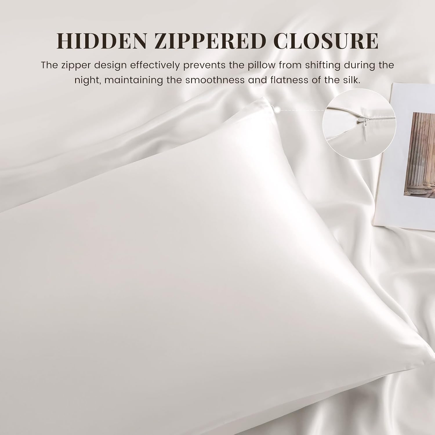 White 22 Momme Mulberry Silk Pillowcase, Standard, Hidden Zip: image 3